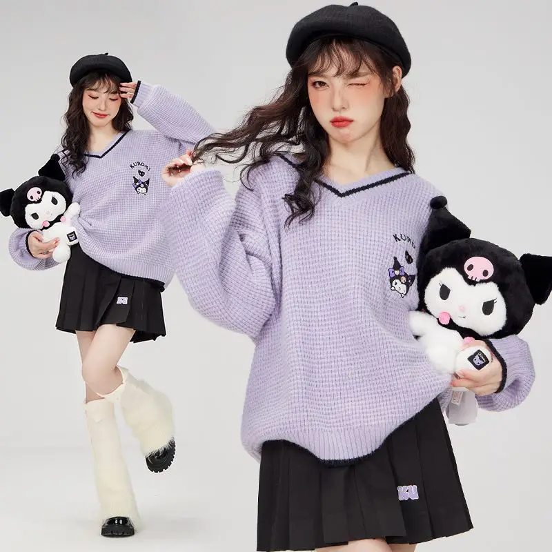 

Sanrio Cartoon Anime Kuromi V-Neck Pullover Sweater Cinnamoroll Cute Girl Jk Uniformwarm Coat Student Knitted Tops Festival Gift