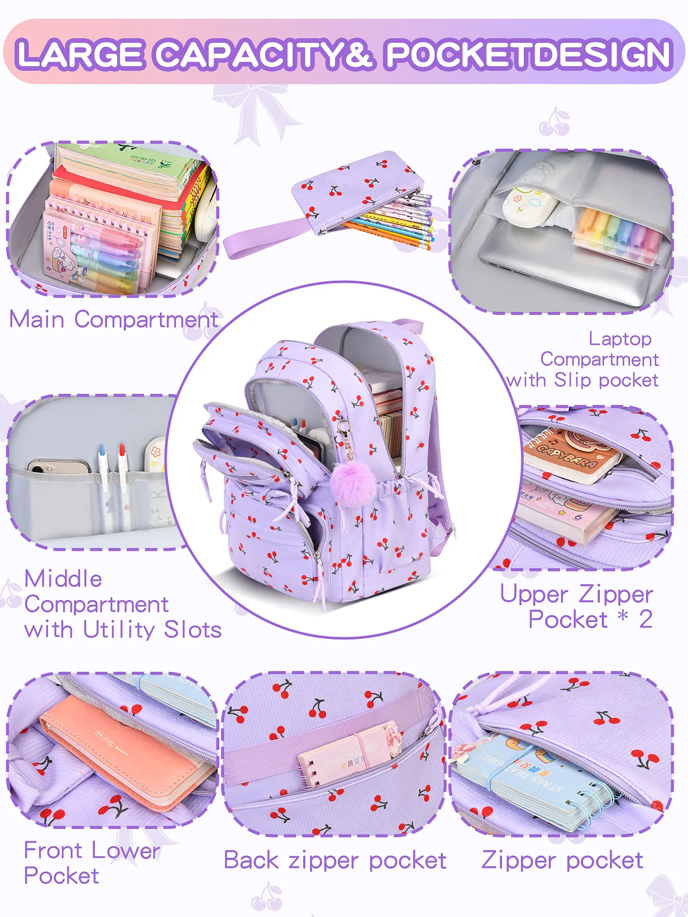 2026 High end Corduroy Material 3-Piece School Bag Set for Teenage Girls Fashion bow patchwork women's backpack Cute schoolbags 5