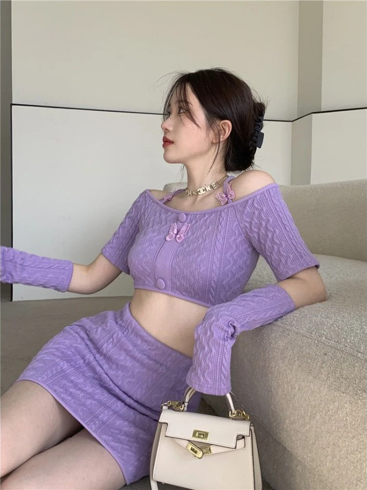 Purple Y2k Skirt Suits Women New Butterfly Halterneck Cropped Tops Sleeve + Skirt Two Piece Sets Woman Summer New