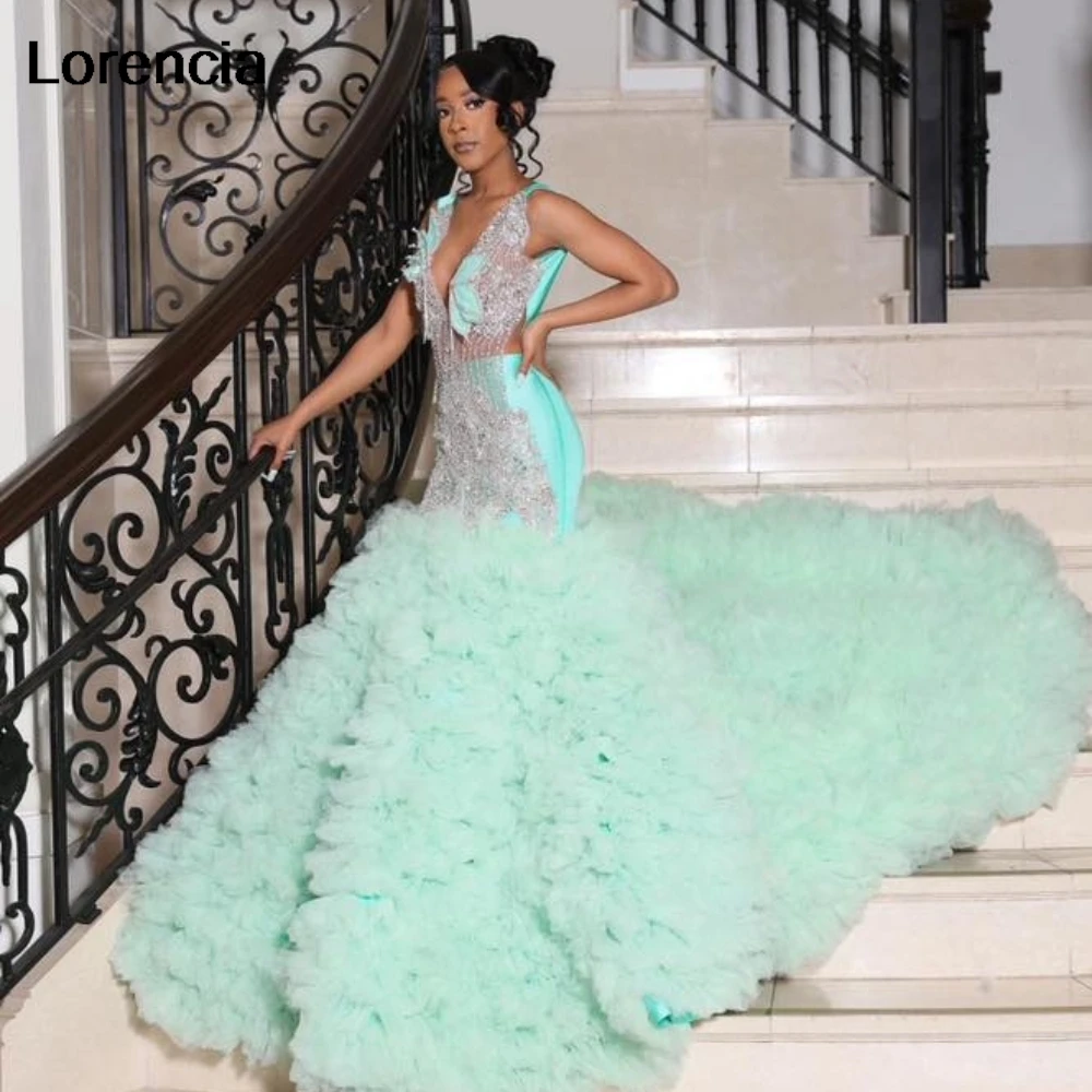

Lorencia Sparkly Mint Green Ruffles Mermaid Prom Dress Silver Beaded Rhinestone For Black Girls Birthday Party Gala Gown YPD172