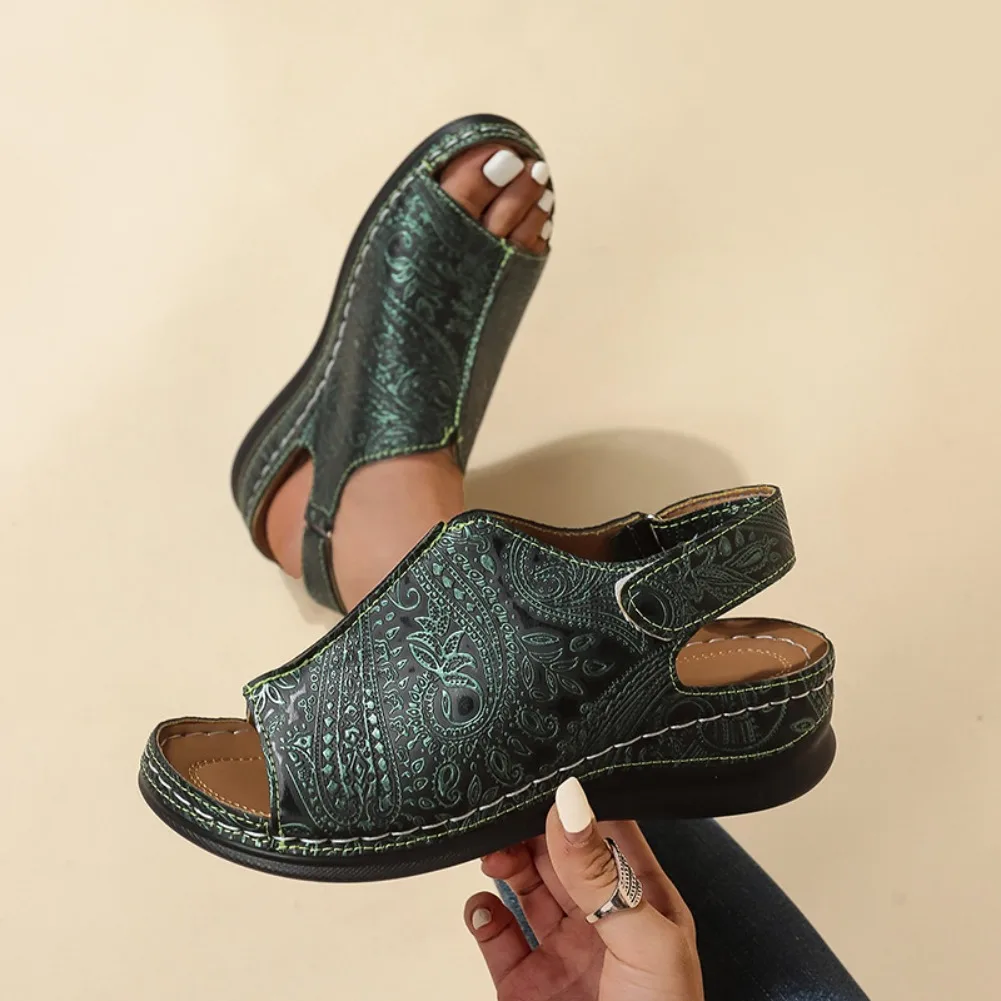 Women's Thick Heel Sandals 2025 Summer New Large Size Roman Style Slip-On Shoes with Magic Tape for Outdoor Wear PU Material