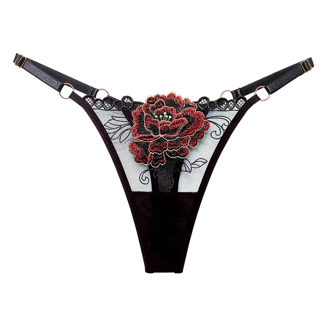 Embroidered Floral Babes Thong Breathable Mesh Sexy Hot Low Rise