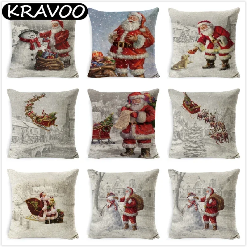 

Merry Christmas Pillow Cover Linen Santa Printing Pillow Cases Sofa Cushion Cover Home Decoration Christmas Pillowcase