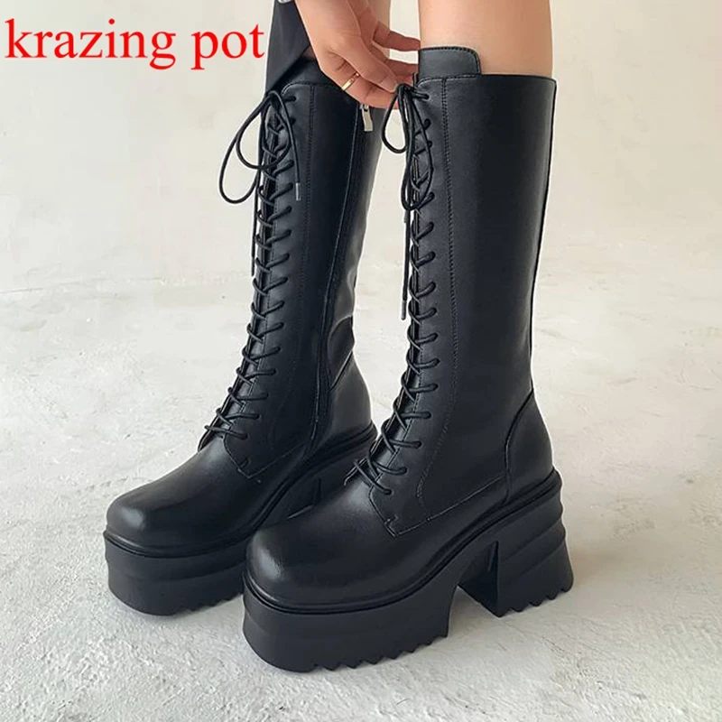 

Krazing Pot Cow Leather Square Toe Cross-tied Equestrian Boots Extreme High Heels Street Wear Keep Warm Hottie Thigh High Boots