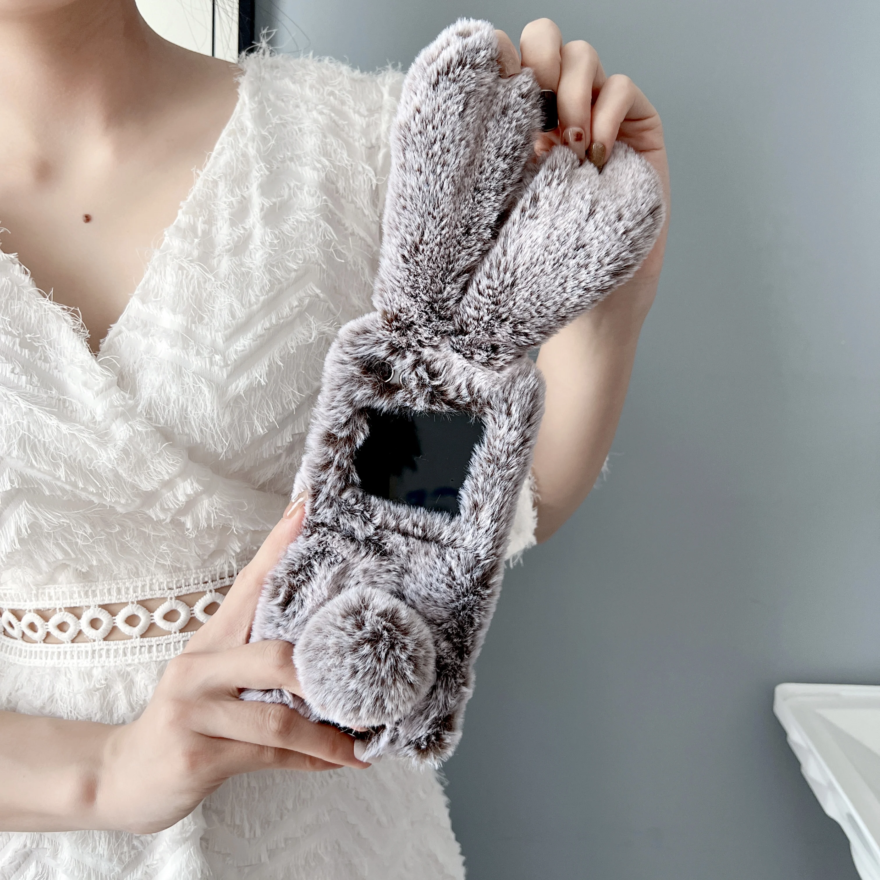 Adorable Fluffy Rabbit Ears Plush Phone Case – Shockproof and Ultra-Soft