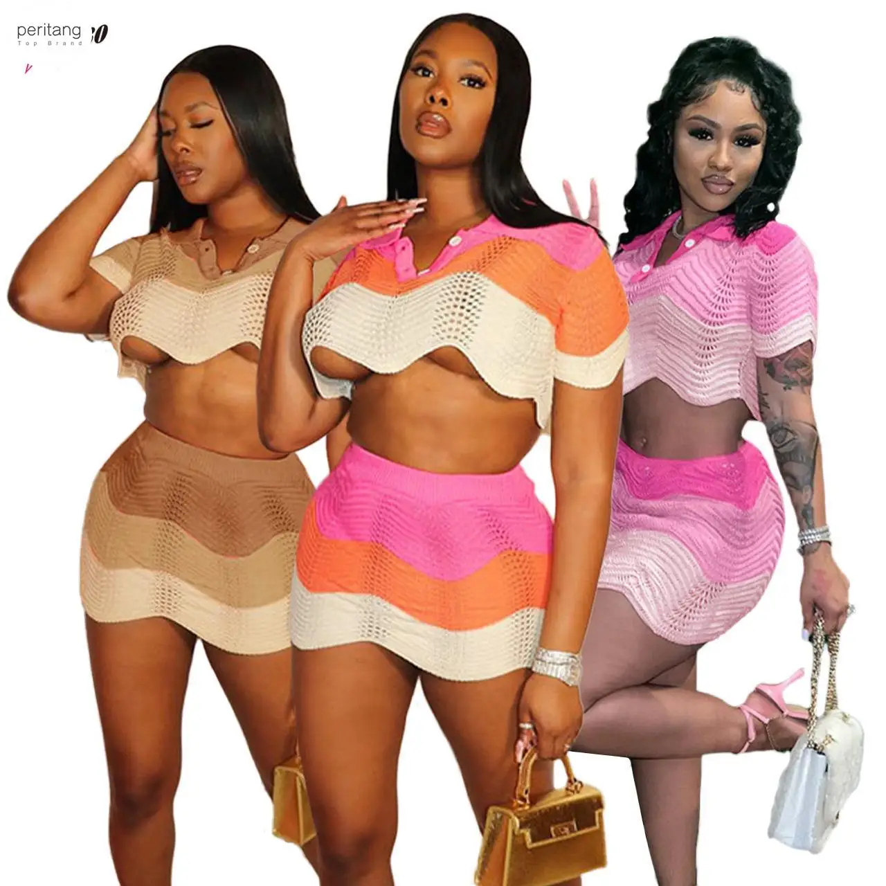 

2024 Knitted Stitching Two Piece Set Dress Short Sleeve Irregular Crop Top Bodycon Mini Skirt Fashion Sexy Clubwear Suits
