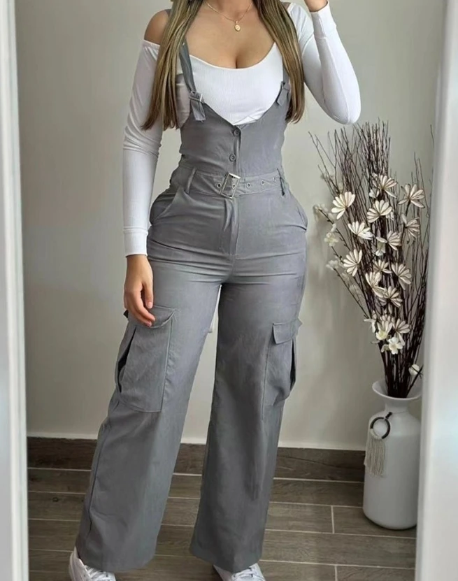 Jumpsuit Women Spring Fashion Pocket Design Buckled Buttoned Casual Sleeveless Plain Daily Long Suspender Jumpsuit Streetwear