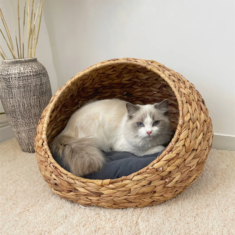 

Pet fenugreek handmade woven small dog kennel bed, all-season breathable, semi enclosed rattan weaving technology cat nest