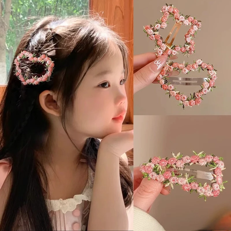  헤어핀 핑크 사랑 자수 꽃 머리핀 여자아이용 키즈 바레트 앞머리 옆머리  사진 촬영 액세서리
