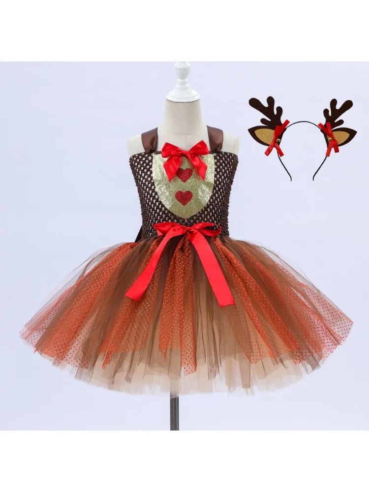 

Kids Girls Christmas Tutu Dress Headband Elk Reindeer Cosplay Costume Outfits Halloween Carnival Party Set Cute Tutu Dress