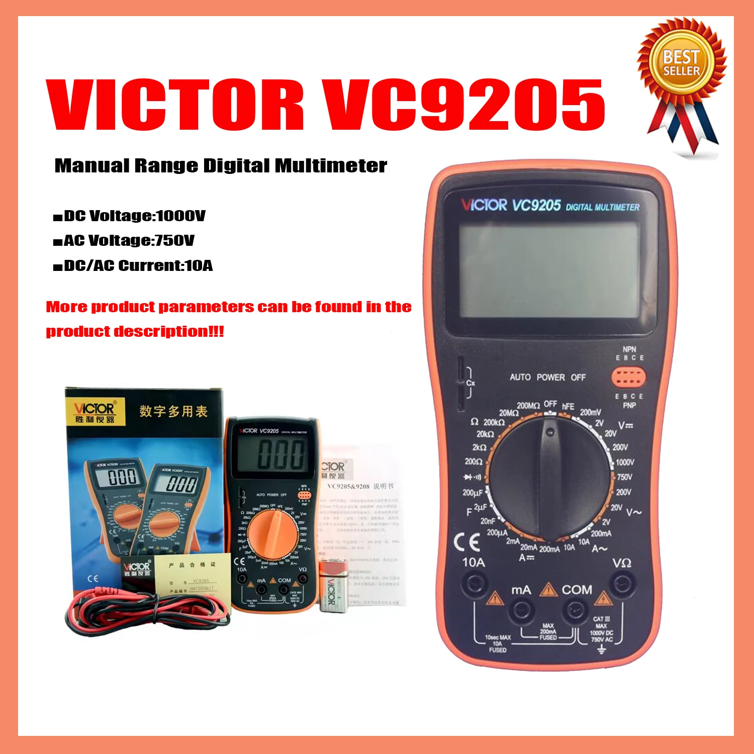 

Большой ЖК-дисплей VICTOR VC9205 VC9208 3 1/2, цифровой мультиметр с ручным диапазоном, с подсветкой и функцией частоты и температуры