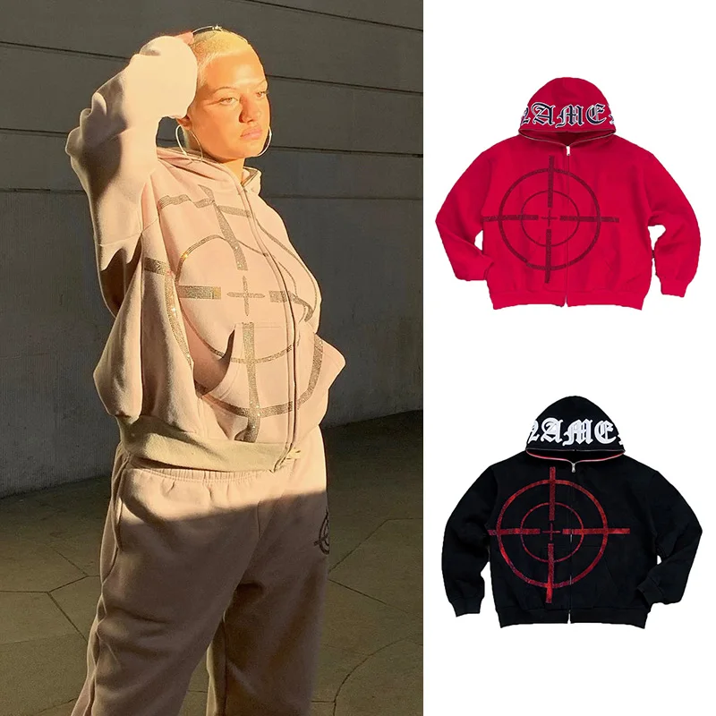 

Y2k Goth Punk Diamond 2022 Flame Hoodies Graffiti Print Fleece Women New Sweatshirt Cotton Men Loose Outwear Vintage Jacket Coat