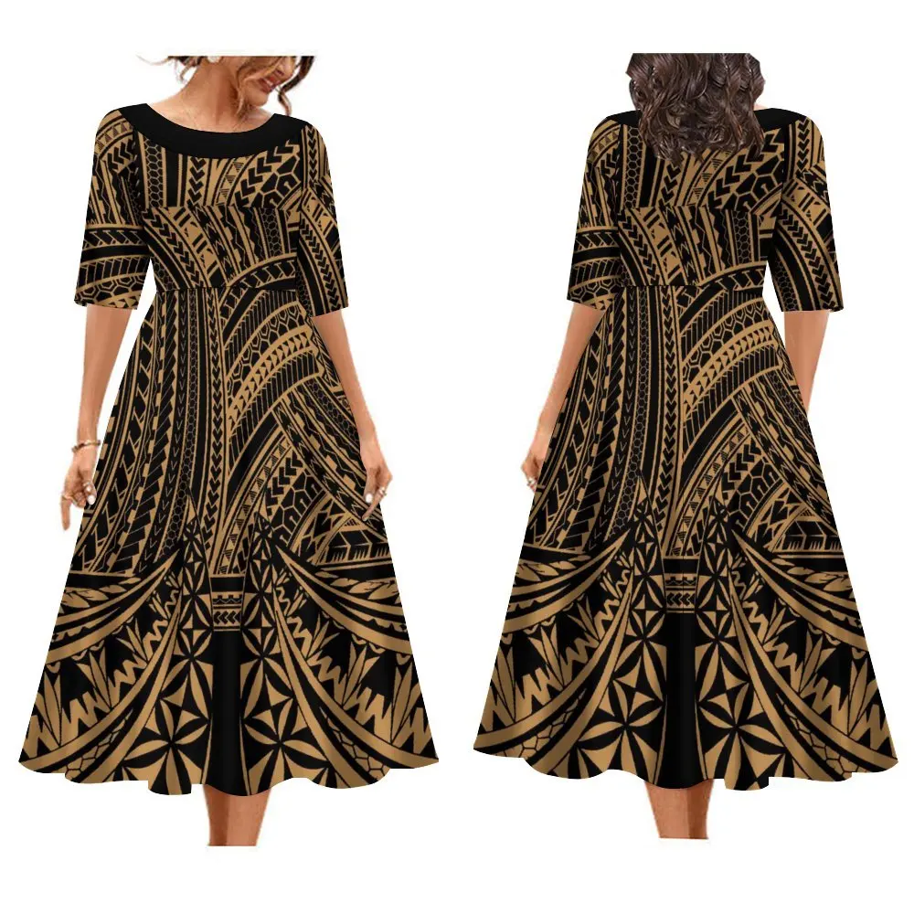 

New Tapa Melanesia Pacific Island Design Plus Size Dresses Women Lady Elegant Pleated Swing Fit And Flare Maxi Dress Custom