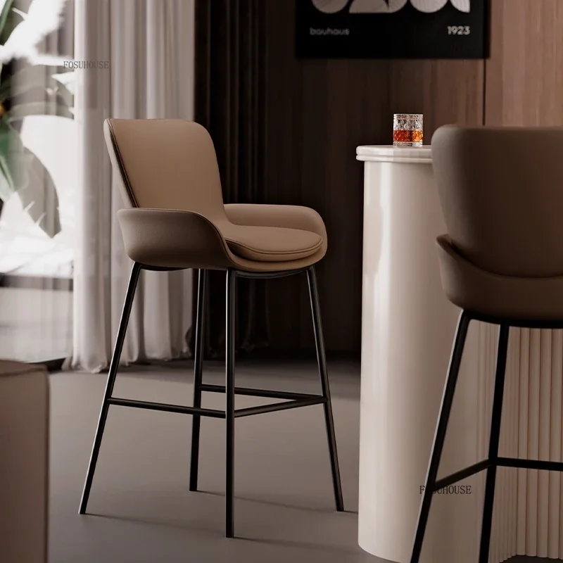 Italian Leather Backrest Bar Chairs for Kitchen Furniture High Bar Stools Front Desk Chair