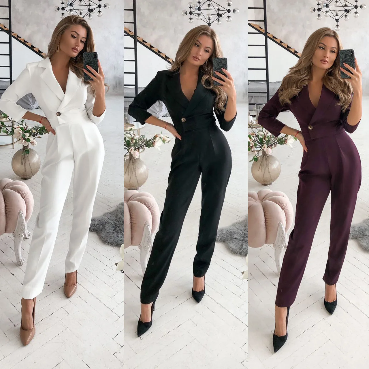 2022 Spring Long-sleeved V-neck Radish Pants Trousers for Women One-piece Temperament Commuter Mid-waist Jumpsuit Black Suit New spring new women s denim jumpsuit high waist korean version loose temperament simple elastic overalls casual commuter wear