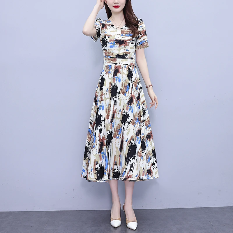 

2024 summer new oil painting style color printed dress short sleeve V-neck floral advanced sense of elegant temperament dress