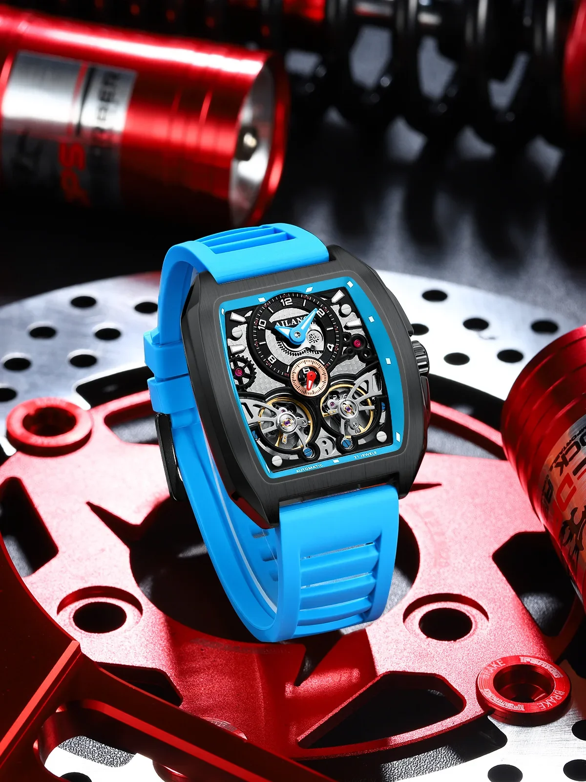 Ailang neue modische Sportuhr für Herren mit Silikonarmband, wasserdicht, leuchtend, hohl, mit doppeltem Tourbillon, automatische mechanische Uhr für Herren. – Detail 4