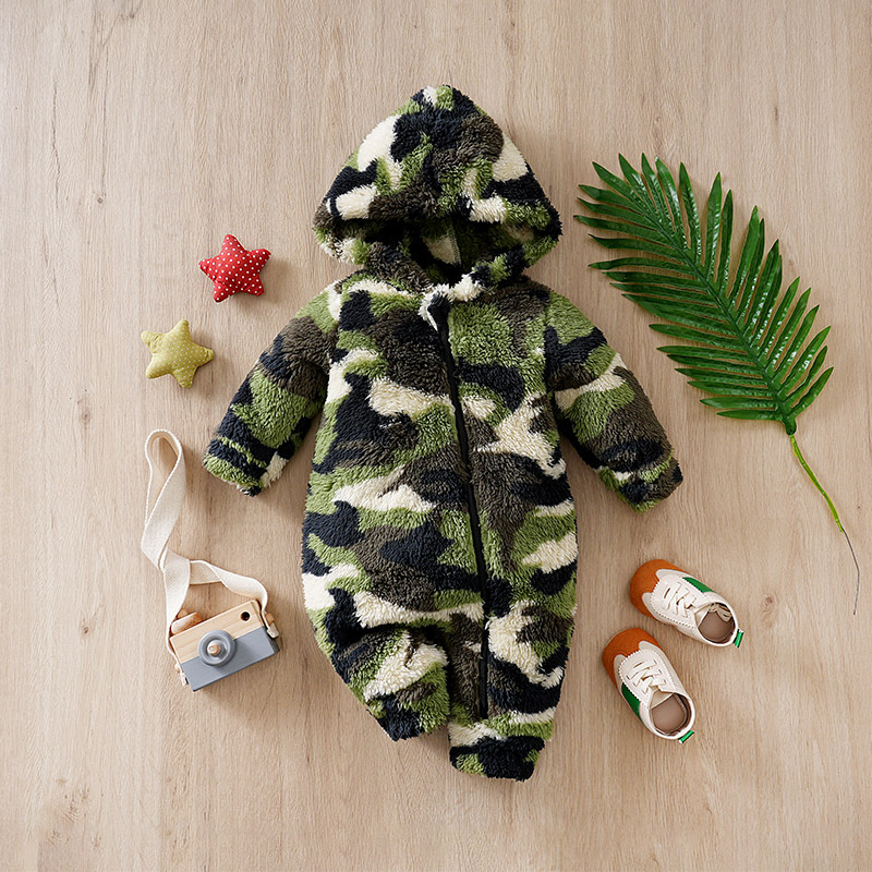 Winter Baby Long-Sleeve Hooded Romper, 0-18Months Boys and Girls Baby Thick Full Print Green Pattern, Warm & Cozy baby clothes