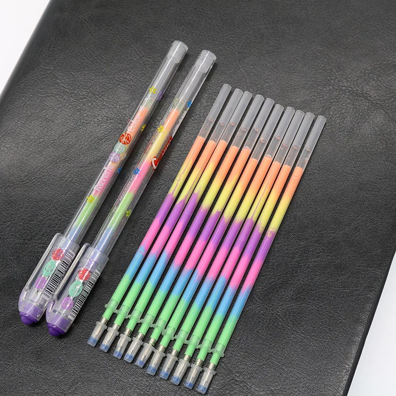 10 Refills + 2 Pen Sets 6 Colors Rainbow Gel Pen School Office Supplies Graffiti Mark Stationery Children Learning Stationery 3