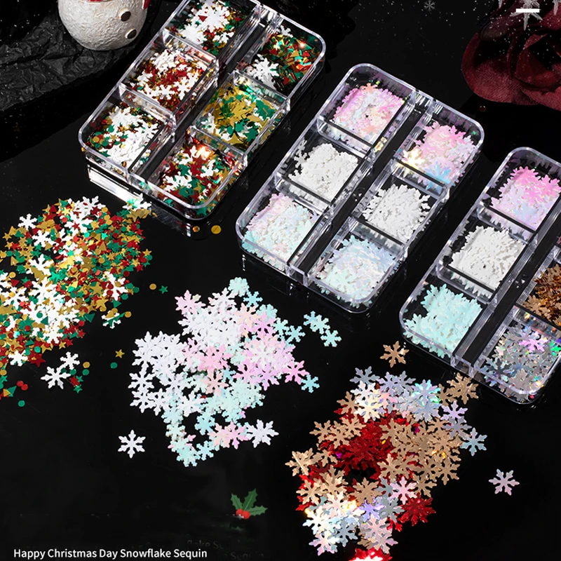 

White Snowflake Nail Art Decoration Christmas Charms Glitter Sparkly Sequins Holographic Snow Flakes Slices Winter Manicure