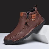 Fashion Retro Handmade Leather Men Boots Outdoor Zipper Design Sneakers Slip On Breathable Casual Leather Shoes Men Ankle Boots
