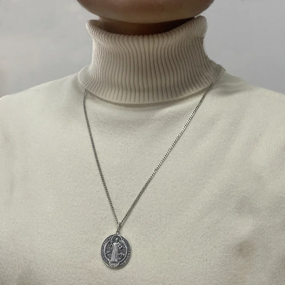 Vintage 925 Sterling Silver Saint Benedict Medallion Cross Pendant Necklace Catholic Exorcism Amulet Men and Women pendant necklace silver necklace silver pendant silver necklace charms