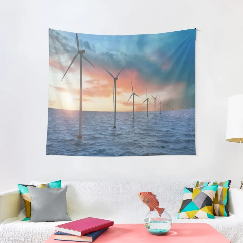 

Floating wind turbines installed in sea. Alternative energy source Tapestry Decorative Wall Mural Christmas Decoration Tapestry