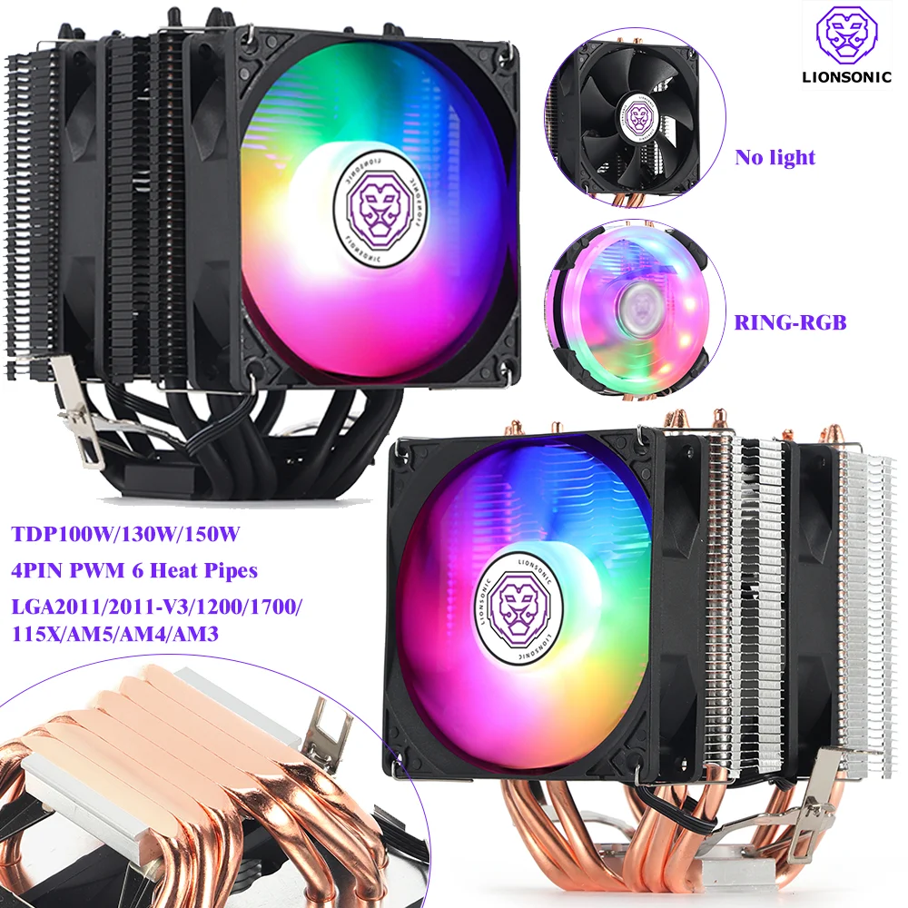 6 Heat Pipes 4 Pin PWM RGB PC Quiet CPU Cooler for Intel LGA 1700 2011 2011-V3 1200 1150 1151 X79 X99 E5 AMD AM4 AM3 CPU Cooling Fan cooling fan