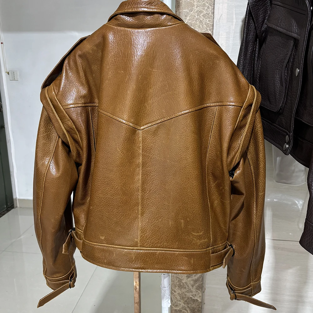 YOLOAgain High Quality Dark Brown Real Leather Jacket Women Sheepskin Biker Jacket Female 2024 Autumn