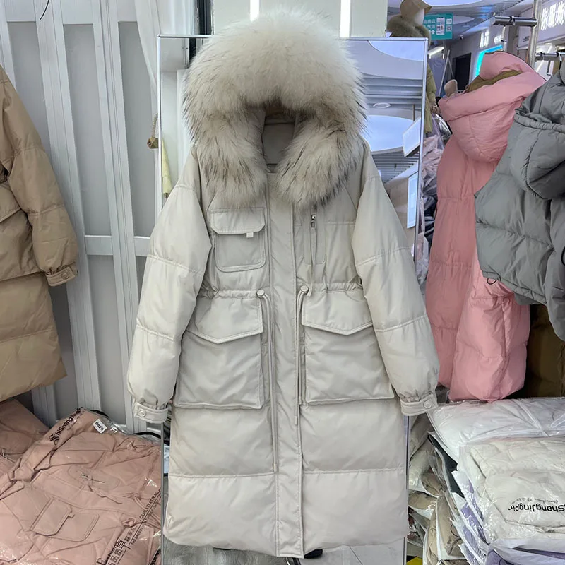 

Водонепроницаемая зимняя женская длинная куртка-пуховик с капюшоном из 2023 натурального меха енота, Женская парка с капюшоном из утиного пуха и перьями от дождя