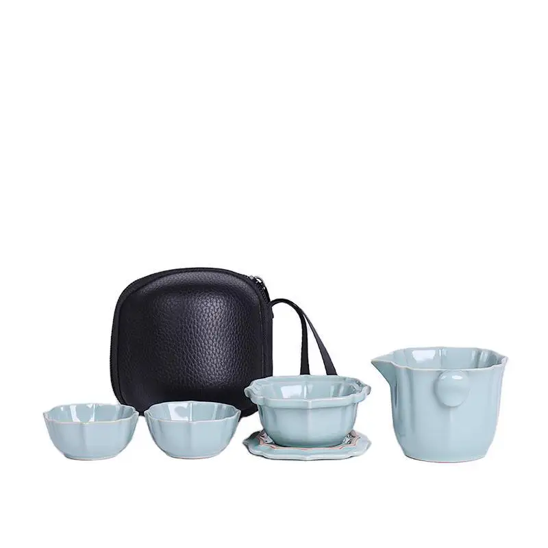 Ceramic tea set, 1 pot, 2 cups, portable integrated storage bag, outdoor, camping, home kung fu tea maker