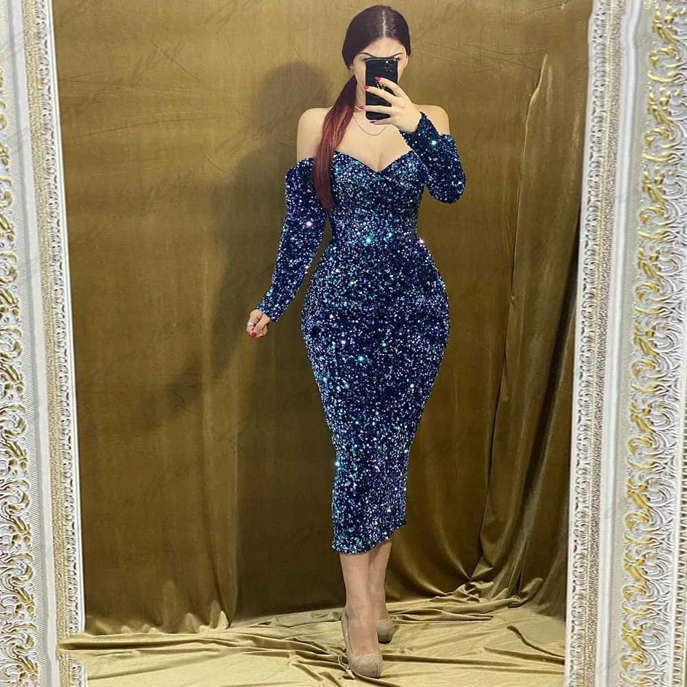 

Sexy Fascinating Evening Dresses For Women Fashion Luxurious Sparkling Beading Mermaid Off Shoulder Long Sleeves Prom Gowns 2024