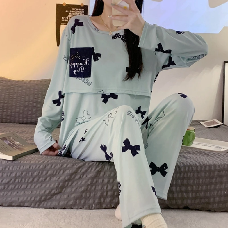 Women Nursing Pyjamas Homewear Spring Autumn Maternity Pajamas Set Cute Breastfeeding Clothes Long-sleeved Pregnancy Sleepwear 5