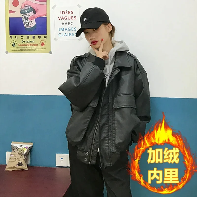 2023 New Style Vintage Leather Coat Women's Autumn Winter Tidal Sugihara Style Jacket Foreign Versatile Plus Plush Thick Couple