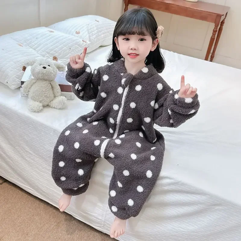 Girls' Jumpsuit Winter Coral Fleece Sleeping Bag New Girls' and Children's Flannel Home Clothes for Boys Polka Dot Rompers