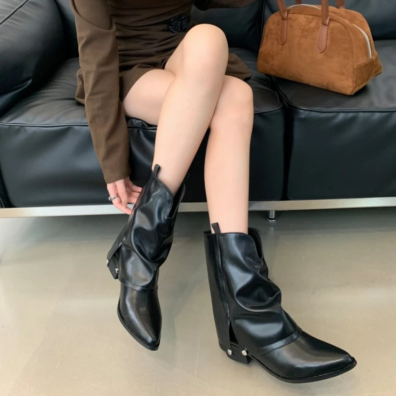 ​​2025 New Women's Western Cowboy Boots - Mid Calf Pointed Toe Chunky Heel Vintage Leather Boots for Women Autumn Winter Boots - 5