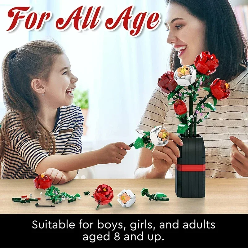 818PCS Flower Bouquet Building Block Red Rose White Rose Vase Bricks Toy Set Valentine's Day Christmas Gifts Creative Decoration 6