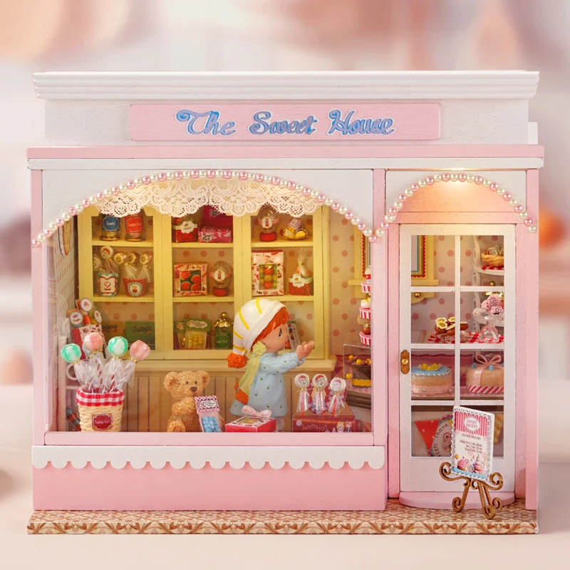 DIY Wooden Miniature Model Kit The Sweet House Cake Store Casa Bookend Assembled Dollhouses Home Decoration Friends Gifts