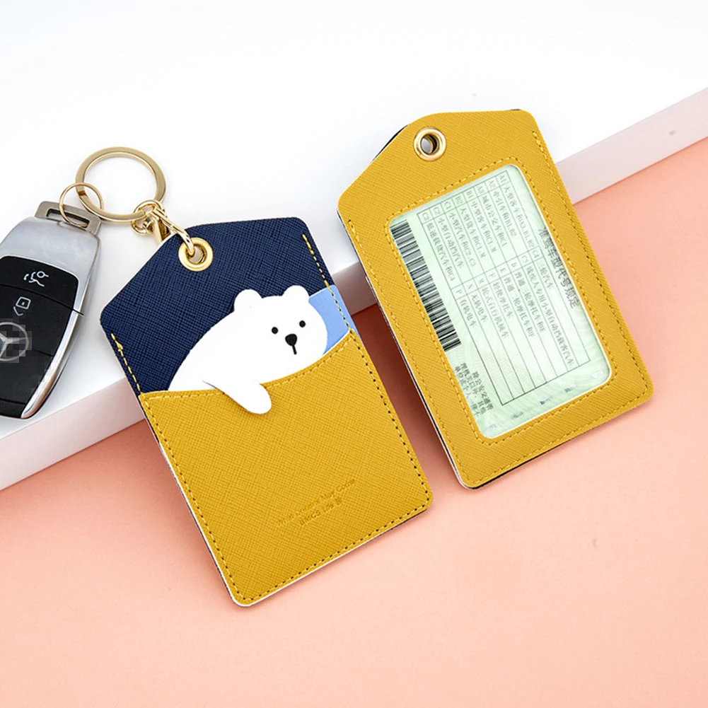 High Quality Credit Card ID Badge Holder Cute Cartoon Leather Bear Pass Case Cover Card Case Key Holder Ring Luggage Tag Trinket
