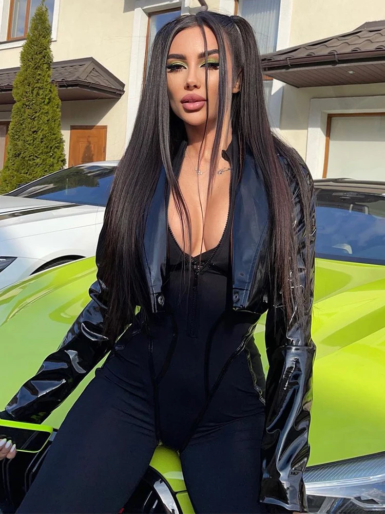 Mono deportivo de cuero con cremallera y cintura ajustada para mujer, mono de primavera con manga larga y retazos de cinta con abertura, monos de calle