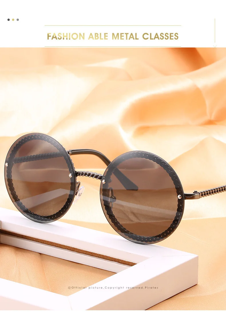 QPeClou 2019 Fashion Chain Round Sunglasses Women Metal Brand Designer Sun Glasses Men Black Eyeglasses Not Included Chain Women's Glasses