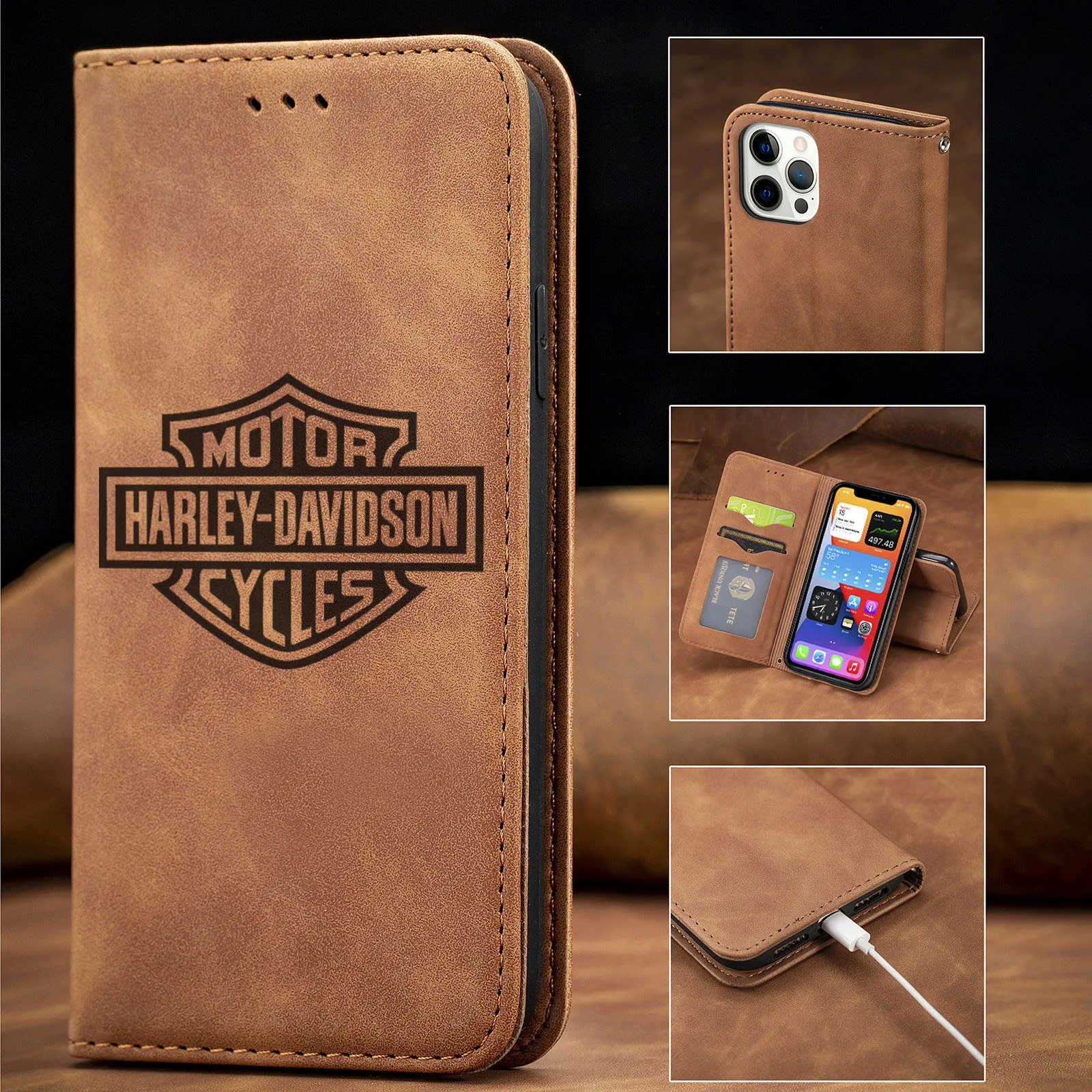 Деловой Магнитный кожаный флип-чехол H-Harleys Davidsons для телефона iPhone 12 13 14 15 Pro Max Samsung Galaxy S23 S24 Ультра чехол