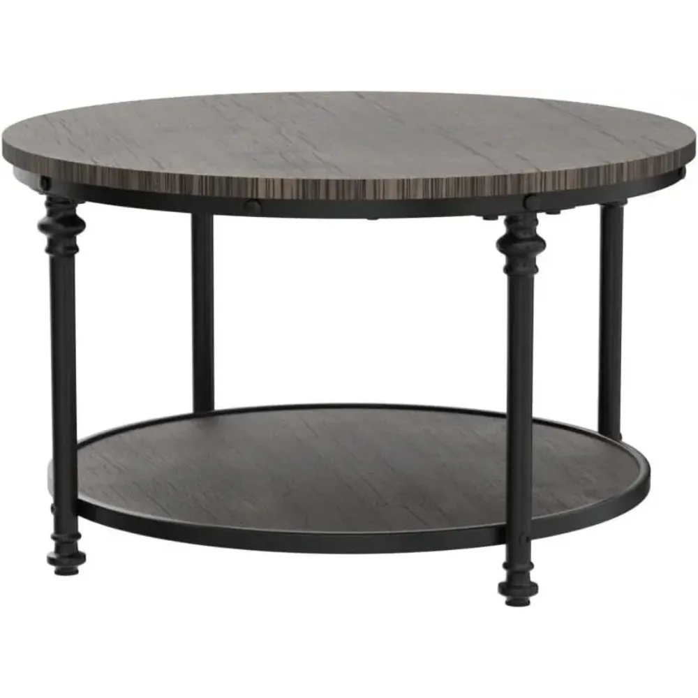 Round Coffee Table for Living Room Rustic Center Table with Storage Shelf Wood Circle Coffee Table , Easy Assembly 5