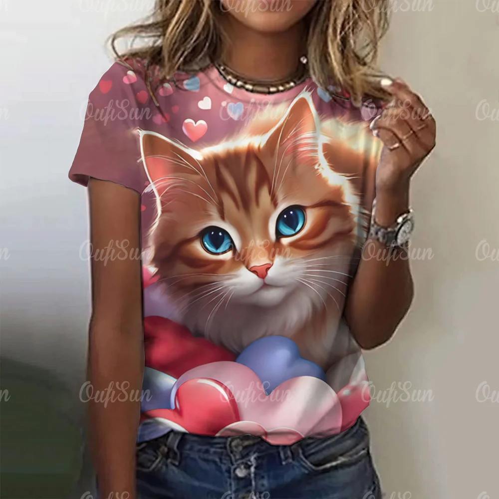 

Cat Print Women's T-Shirt Top Short Pullover Sleeved Fashion Leisure Style O-Neck Tee Shirt Female Everyday Clothing 2024 Summer