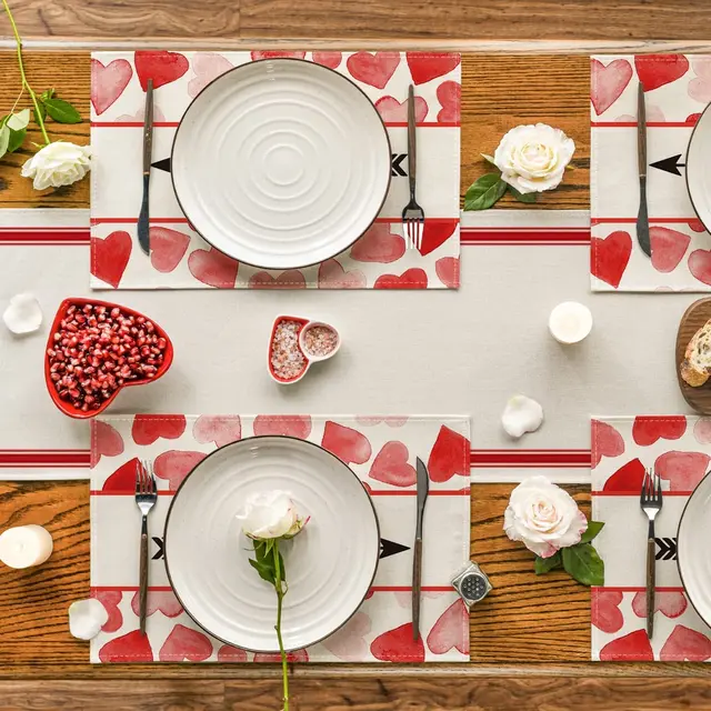 Szív Nyíl Szerelem Valentin Napi Asztali Futó Évforduló Esküvői Konyhai Étkezőasztal Szőnyegek Otthoni Party Dekoráció Terítő Placemat - Image 5