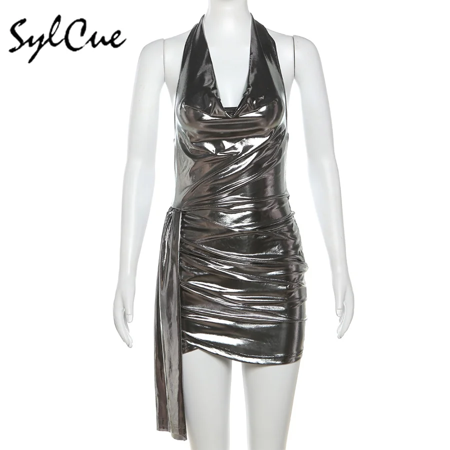 NIBBER 2024 Summer New Vintage silver Matte Tight Sexy Hot Mature Beautiful Gentle High Street Cool Women's Hip Halter Dress