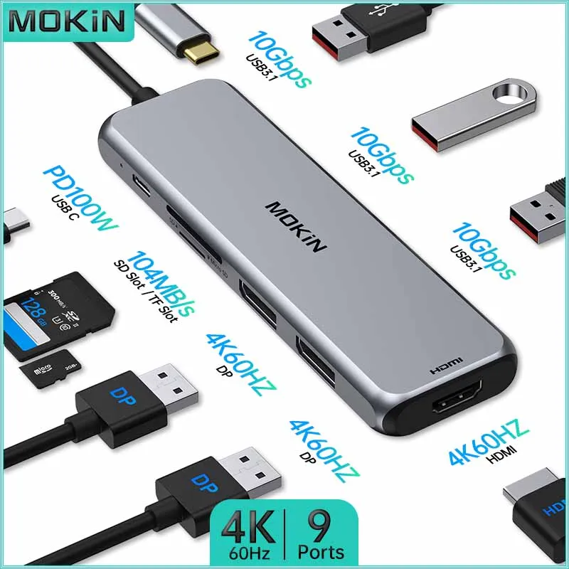 

Док-станция MOKiN 9 в 1 для MacBook Air/Pro, iPad, ноутбука Thunderbolt — USB3.1, 4K60 Гц HDMI, 4K60 Гц DP, PD 100 Вт, SD, TF