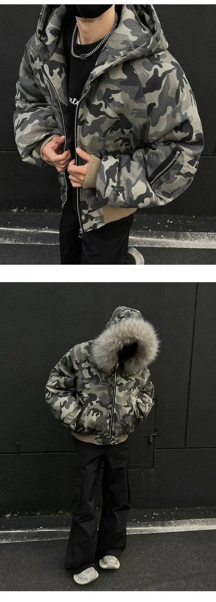 PFHQ Camouflage Men Short Cotton Jacket Large Fur Collar Hooded Design Winter Thickened High Street American Style Coat 21E7761