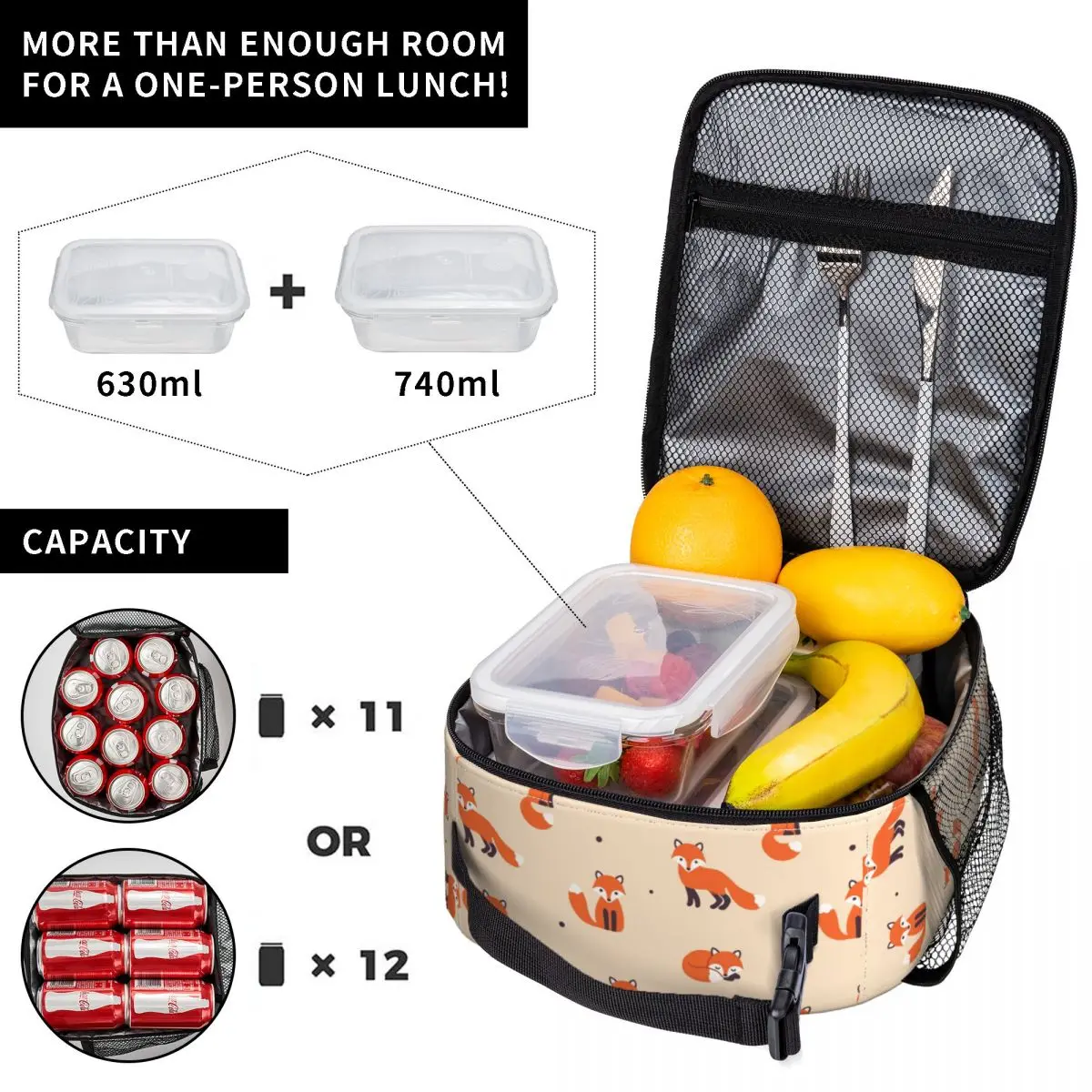 Fox Cartoon Pattern Insulated Lunch Bag Large Foxes Animal Meal Container Thermal Bag Tote Lunch Box Office Outdoor Bento Pouch