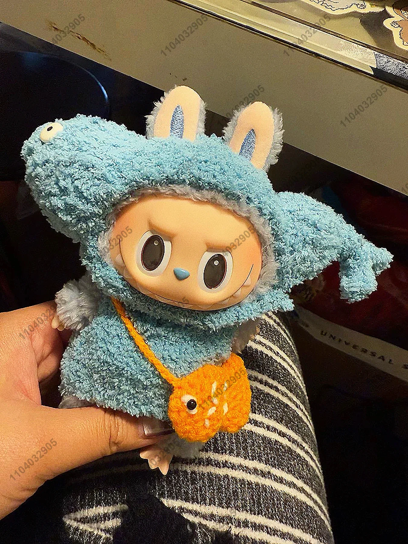 Labubu The Monster Cute Blue Fish Costume Cartoon Clothes 1:1 Original Replica Vinyl Doll Action Figure Bag Charm Pendant Gift